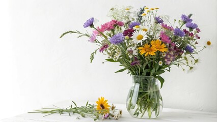 Obraz premium A cluster of wildflowers in a vase on a white background, elegance, pure, calm, rustic