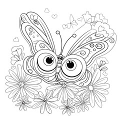 A cartoon butterfly with large eyes is surrounded by flowers and hearts. Coloring book