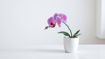 A single orchid blooms in a petite ceramic pot on a white marble countertop, its petals a vibrant shade of pink, flowers, decorative vases