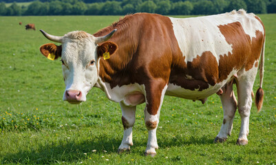 Obraz premium A brown and white cow stands in a grassy field on a sunny day