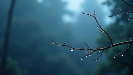 Tranquil morning mist with dew on bare tree branch