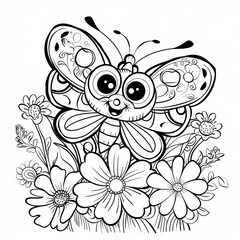 A cute cartoon butterfly with big eyes and a smile is surrounded by flowers. Coloring book