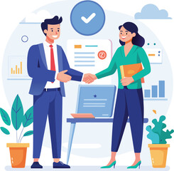 People shaking hands at work - Two businesspeople, man and woman doing handshake in office at work while smiling over business agreement and deal. Flat design stock illustration on white background