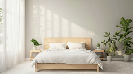 Softly blurred Scandinavian bedroom with natural wood bed frame and light grey walls, evoking peace