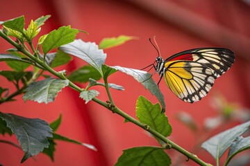 Close-up of jezebel's wings perched on a leafy branch with red background, nature, branch, perched, insect, red