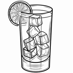A simple line drawing of a tall glass filled with ice and a lemon wedge. Coloring book