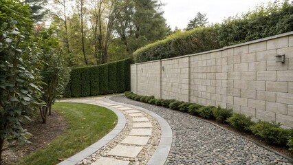 Concrete block wall with a tall hedge in the background and a winding pebble stone path leading to a private entrance, hedge, exterior design, walkway, concrete block wall, pebble stones