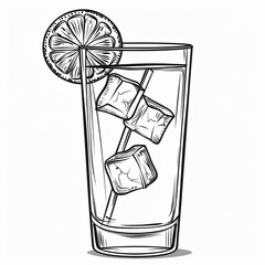 A hand-drawn illustration of a refreshing drink with lemon and ice cubes. The drink is depicted in a tall glass and has a simple yet elegant design. Coloring book