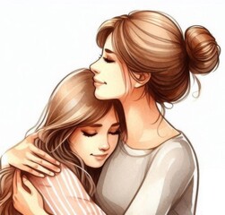 Illustration with mother and daughter hugging each other in watercolor style on white background. Cute portrait of mom and daughter. Forgiving each other.