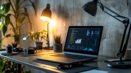 A modern workspace featuring a laptop, plants, and warm lighting, ideal for productivity and focus.