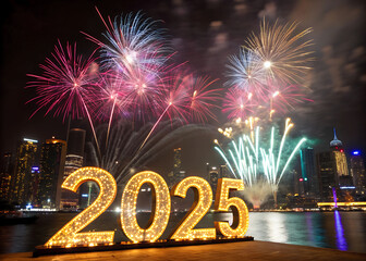 Bright New Year 2025 card with large, glittering 2025 letters and a dynamic city fireworks display. 2025 holidays card