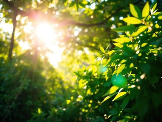 Obraz premium Softly glowing sunlight filters through the lush foliage creating a warm and inviting atmosphere on a pristine white surface, sunlight, outdoors, garden scene