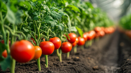 Ripe tomatoes growing abundantly on vines in fertile greenhouse garden