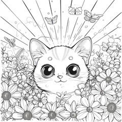 A cute cat with big eyes sits in a field of flowers with butterflies flying around it. Coloring book