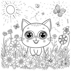 A cute kitten stands in a field of flowers, surrounded by butterflies and the warm sunshine of a beautiful day. Coloring book