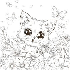 A cute kitten with large eyes peeks out from behind a cluster of flowers, with butterflies flitting around. Coloring book