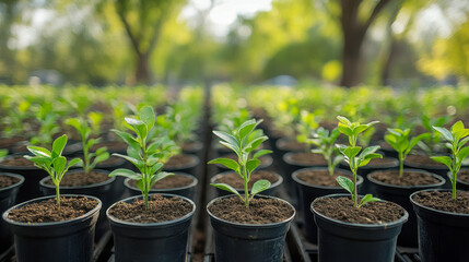 Rows of young plants growing in black pots in an outdoor garden nursery