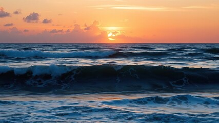 Naklejka premium A majestic sunset unfolds above the rolling waves of the open ocean, with the sun's rays dancing across the water's surface, horizon, stunning