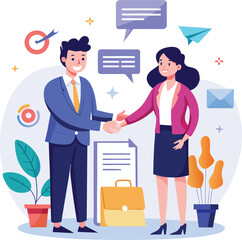 People shaking hands at work - Two businesspeople, man and woman doing handshake in office at work while smiling over business agreement and deal. Flat design stock illustration on white background