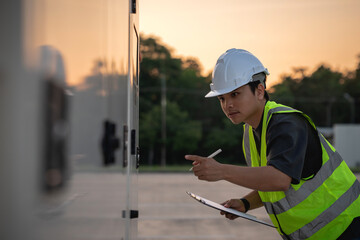 Electrical engineer carefully checks the power distribution cabinet, looking over the connections...