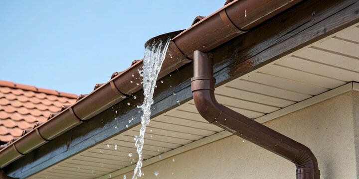 Brown PVC gutter attached to downpipe on roof edge with water flowing, roofing feature, rainwater collection