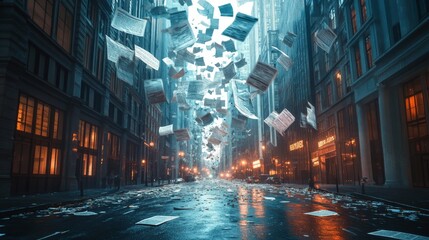 Obraz premium Papers Floating in a Wet City Street at Night
