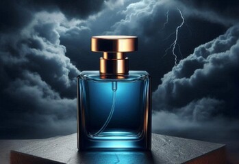 
Blue perfume bottle on podium on background of dark thunderstorm clouds. Mockup for perfume advertisement on background of dark sky. Transparent blue glass bottle of perfume without label.

