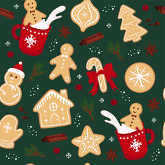 Vector christmas cookies gingerbread. New year festive seamless vector pattern green background.
