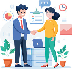 People shaking hands at work - Two businesspeople, man and woman doing handshake in office at work while smiling over business agreement and deal. Flat design stock illustration on white background