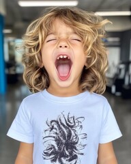 Young child with curly hair yawning in a brightly lit indoor space, showcasing a playful moment during a summer day