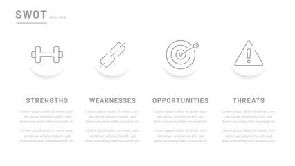 Four-stage circular SWOT analysis in the form of a template for presentation slides. It consists of an analysis of strengths, weaknesses, opportunities, and threats. Editable icons