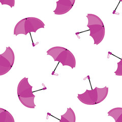 Seamless pattern with pink open umbrellas on white background, symbolizing rain protection and weather protection