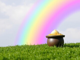 Fototapeta premium A vibrant rainbow stretching across a lush green meadow with a pot of gold cupcake sitting atop it at the end of the colorful arc, pot of gold, meadow, dessert