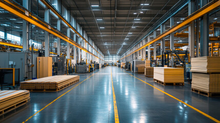 Fototapeta premium Spacious factory interior with industrial equipment and piles of wood materials