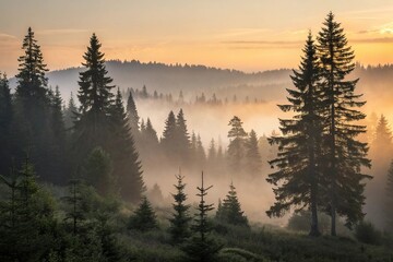 Misty fir forest at dusk with golden light, sunset, forest, peaceful, fir trees