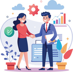 People shaking hands at work - Two businesspeople, man and woman doing handshake in office at work while smiling over business agreement and deal. Flat design stock illustration on white background