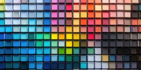 Color palettes and data analysis visuals displayed on creative agency’s wall, showcasing project planning.