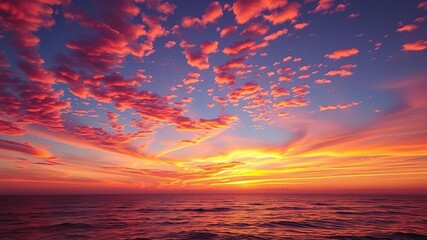 Fototapeta premium Vibrant oranges and pinks fill the sky as a breathtaking sunset meets the ocean, warm, lively