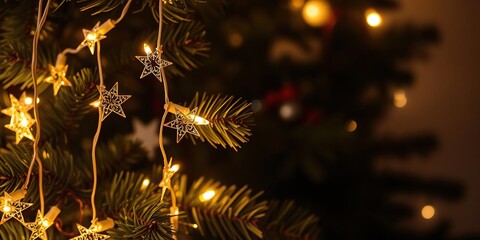 Warm Fairy Light Chain on a Christmas Tree, christmas tree, wooden branch