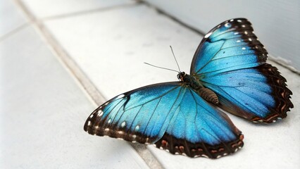Close-up shot of a beautiful butterfly with iridescent blue wings resting against a clean and minimalist white surface, insect, design, metamorphosis, symmetry