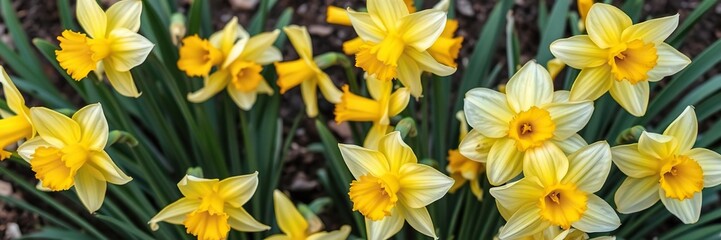 Daffodils arranged artfully in a garden bed, blooming flowers, outdoor decor, warm weather