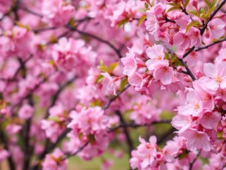 Fresh cherry blossoms in a beautiful garden with fragrant pink flowers, blooming, spring