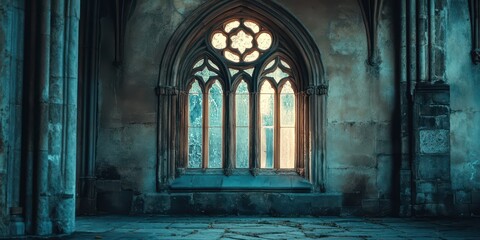 Gothic arched window with intricate stone details.