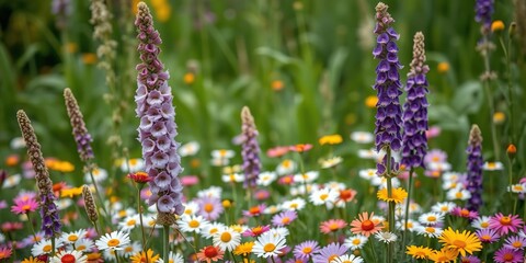 Obraz premium Tall stems of lavender, foxglove, and phlox standing upright among a carpet of vibrant daisies, lavender, blooms, foxglove