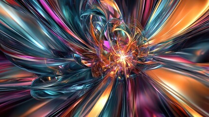 Abstract multicolored background featuring a line art illustration of a fractal explosion star with glossy accents and dynamic lines