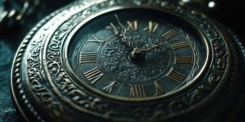 Antique pocket watch with intricate designs and Roman numerals, symbolizing time's passage and vintage charm.
