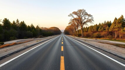 Fototapeta premium A forked road stretching into the distance with trees in both directions, branching, split
