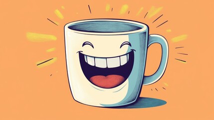 Line art illustration of a cheerful cartoon mug with a big grin