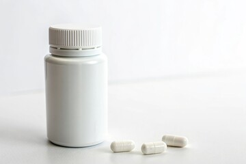 A minimalist setup of a single pill bottle or capsule on a white background, highlighting its sleek and compact design, laboratory setup, simple pill, health supplements, organized storage, clean room