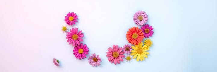 Brightly colored flowers arranged in a circular pattern on a blue and pink gradient background, colorful, abstract